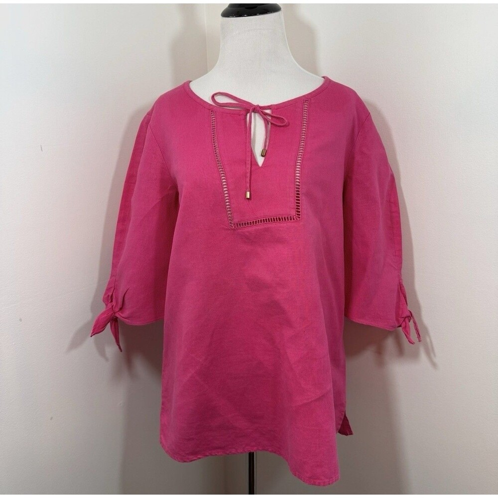 Pappagallo Pink Linen Keyhole Top S Eyelet Lace Peasant Blouse 3/4 Tie Sleeve